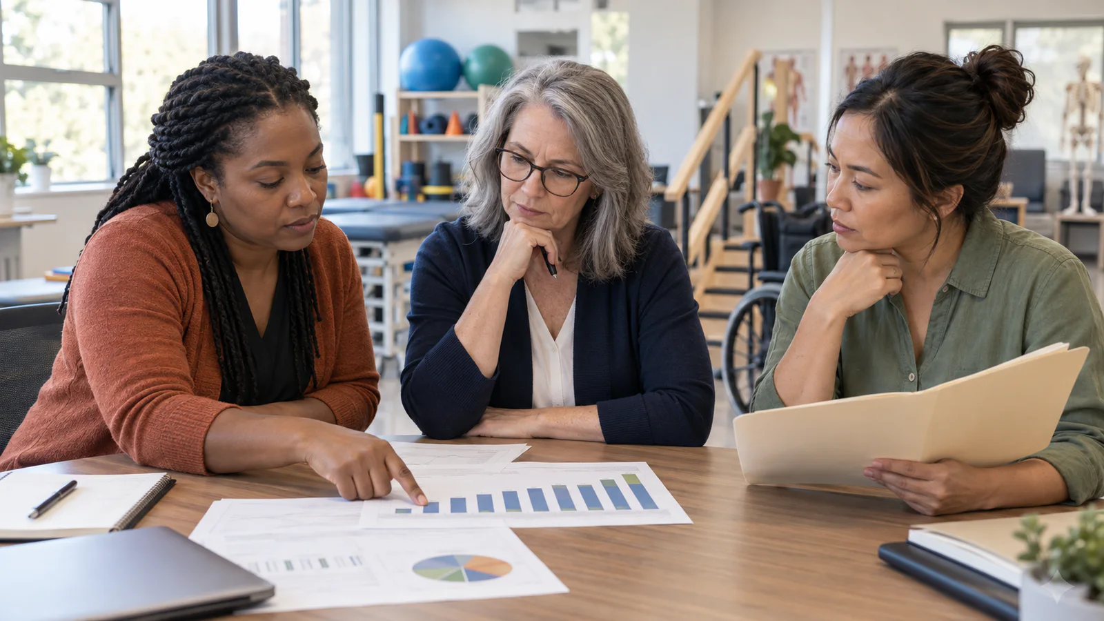 Three occupational therapy educators review program outcome charts in a university teaching lab