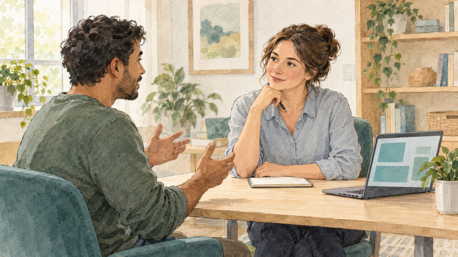 Editorial illustration of an adult client speaking with an occupational therapist beside a laptop