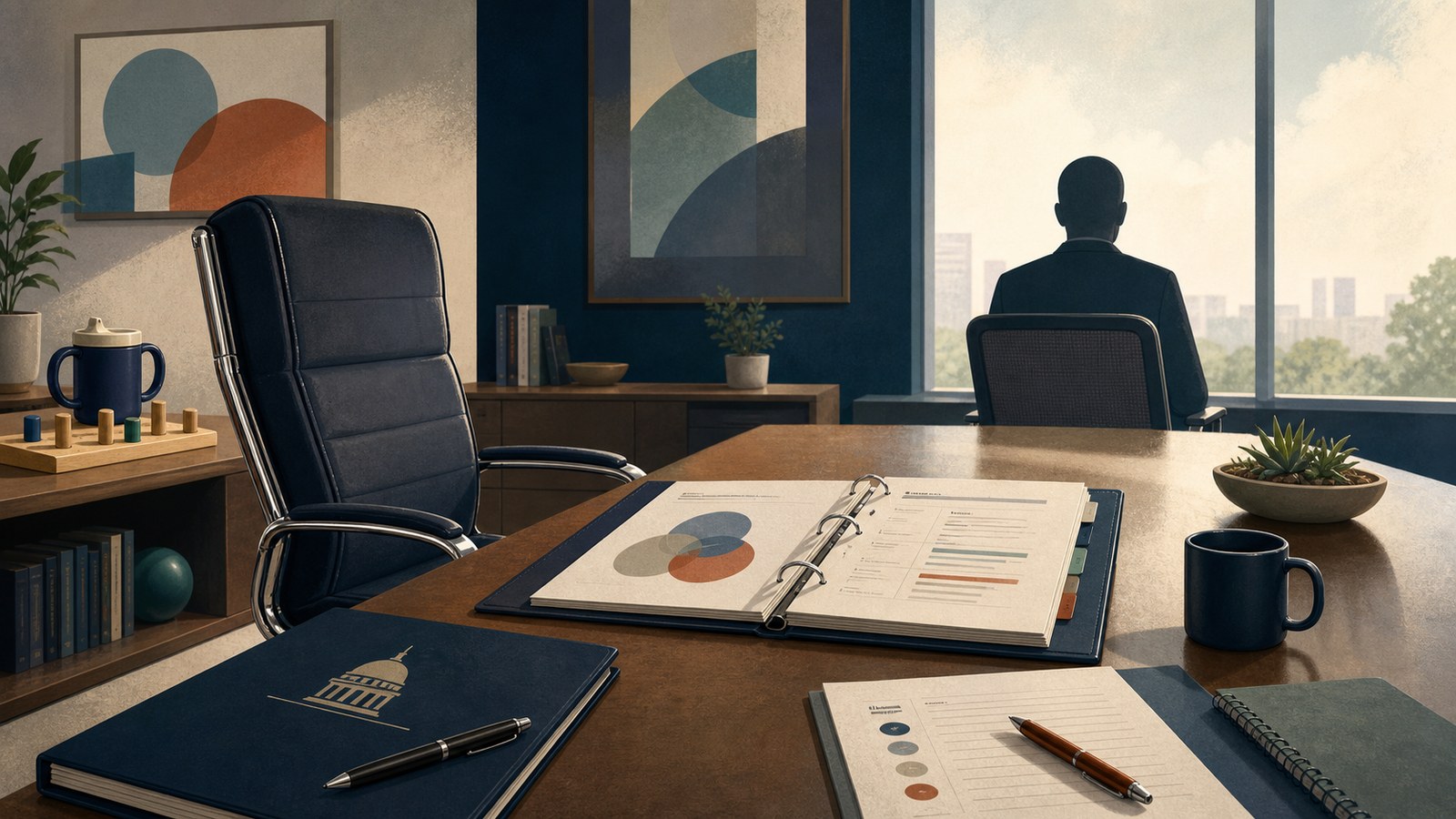 Editorial illustration of an association boardroom with an interim leadership chair, strategic plan, policy binder, and occupational therapy tools