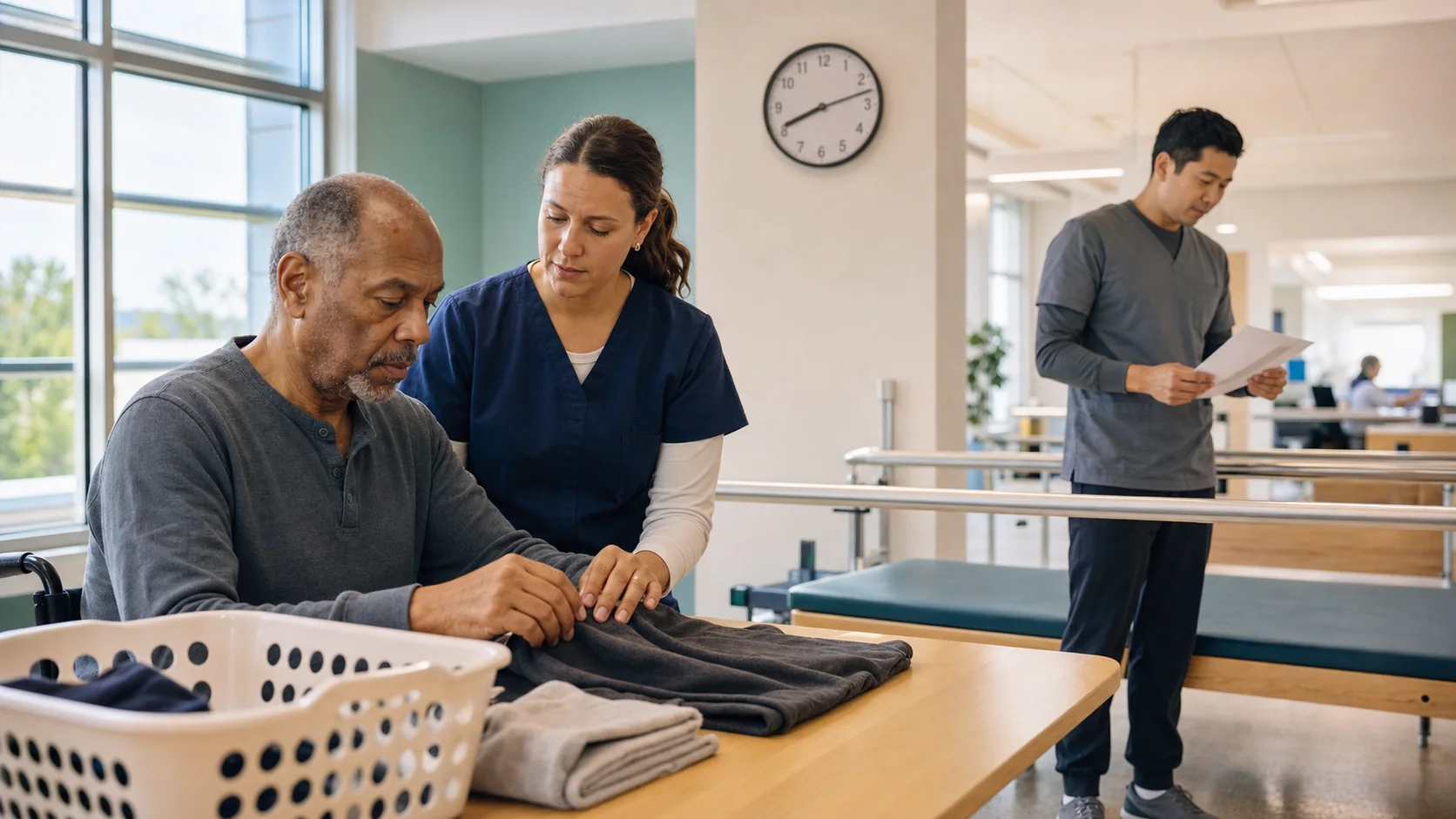 Occupational therapist guiding an inpatient rehabilitation patient through a laundry task while a rehabilitation colleague reviews the care plan near a wall clock