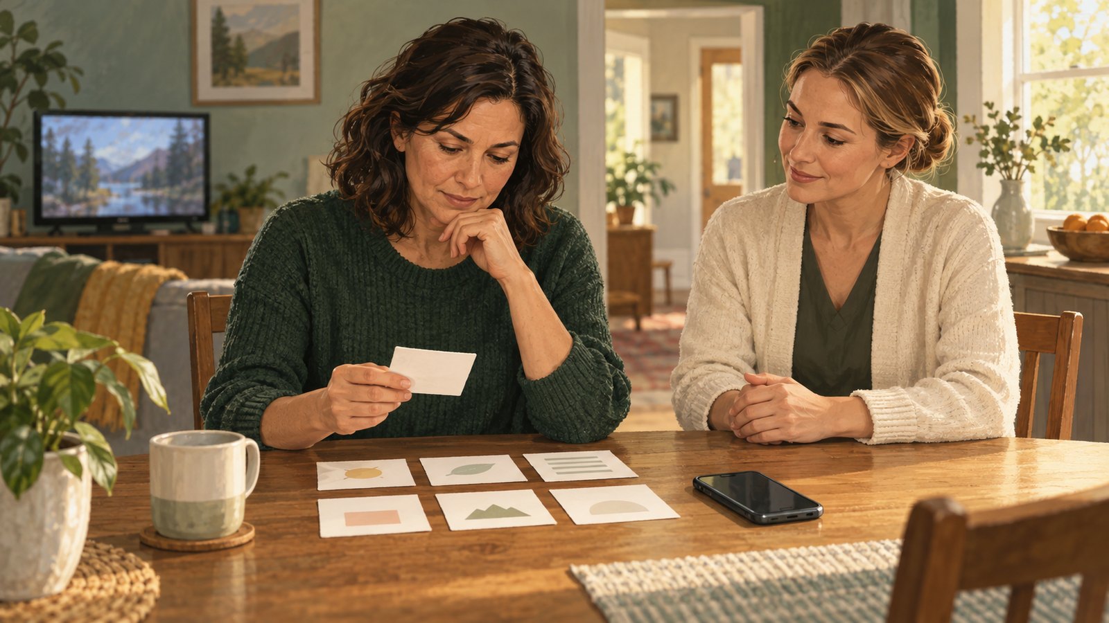 Editorial illustration of an adult concentrating on activity cards at a home table while an occupational therapist observes