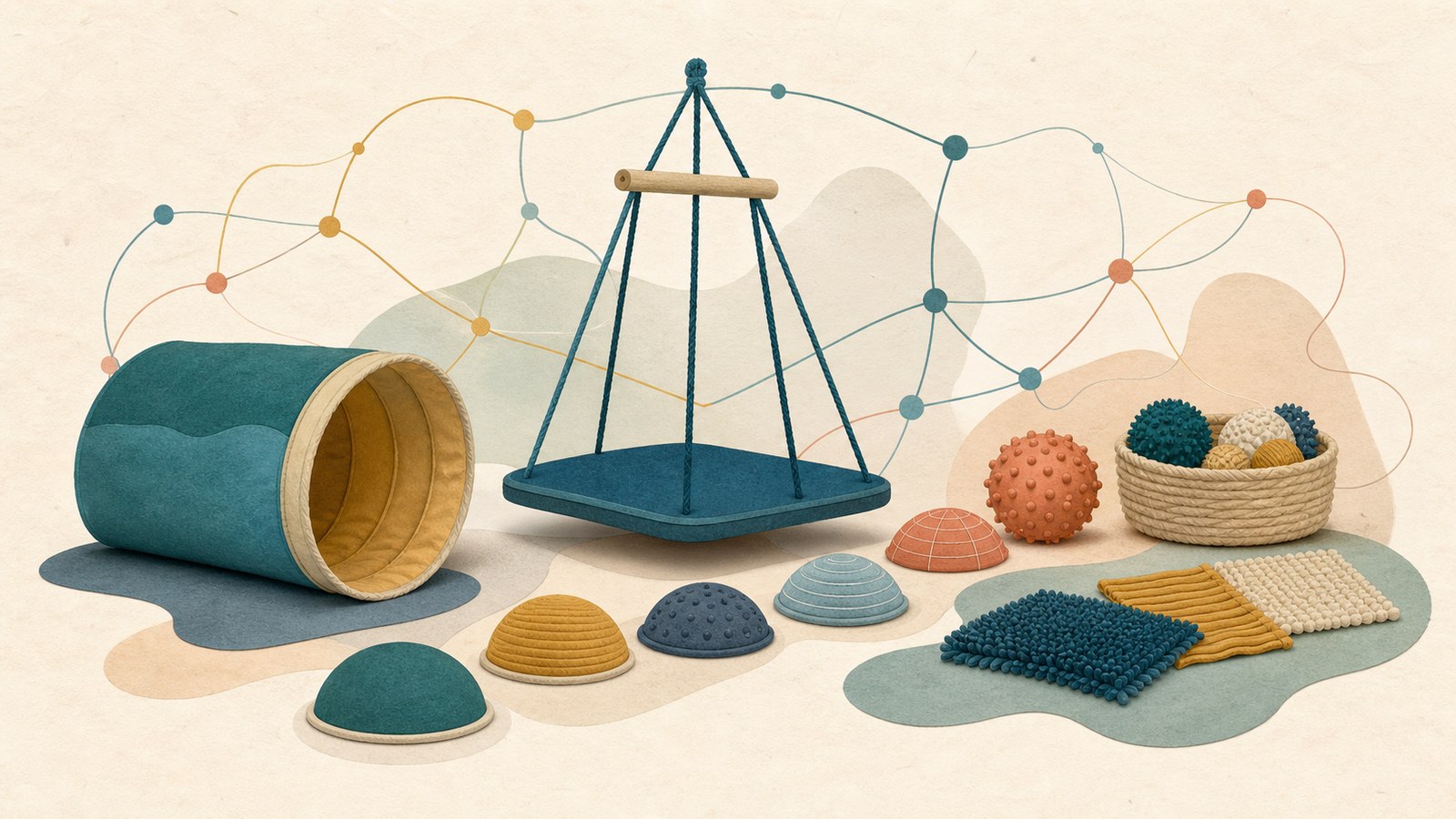 Editorial illustration of pediatric occupational therapy sensory equipment linked by an abstract neural network