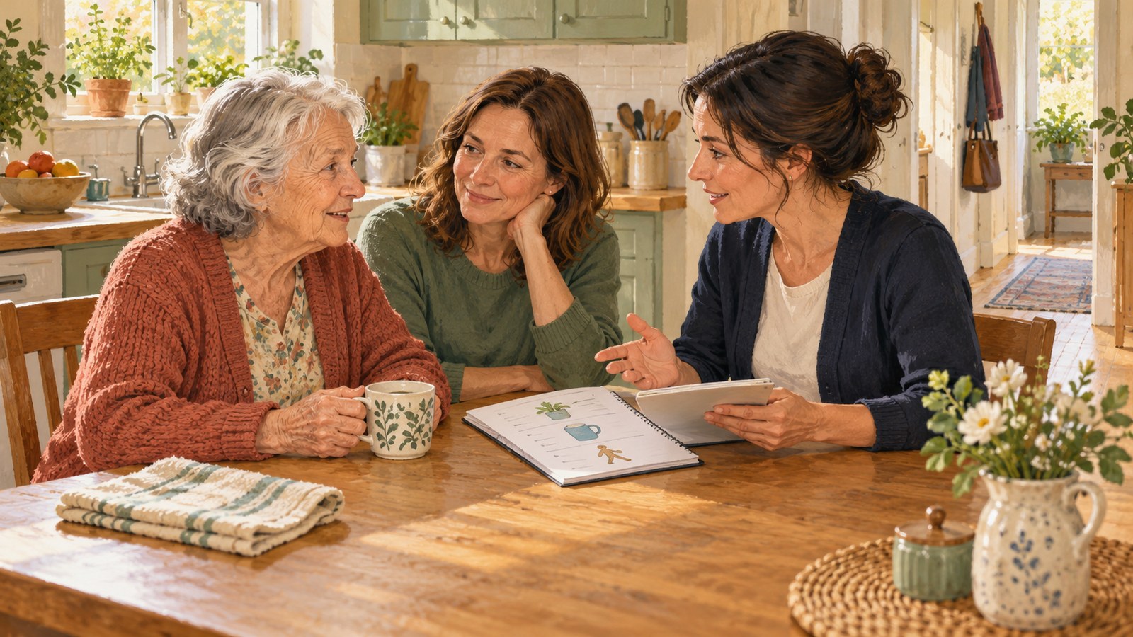Editorial illustration of an older woman, her daughter, and an occupational therapist discussing everyday activities at a home kitchen table