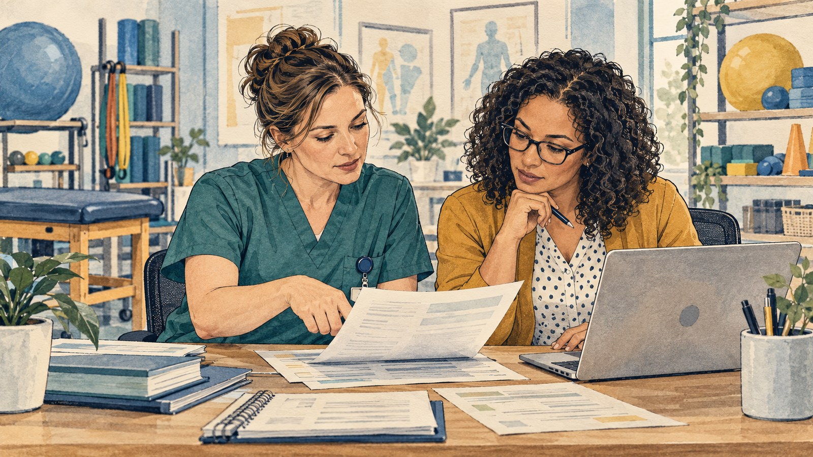 Editorial illustration of an occupational therapist and billing coordinator reviewing policy paperwork beside a laptop