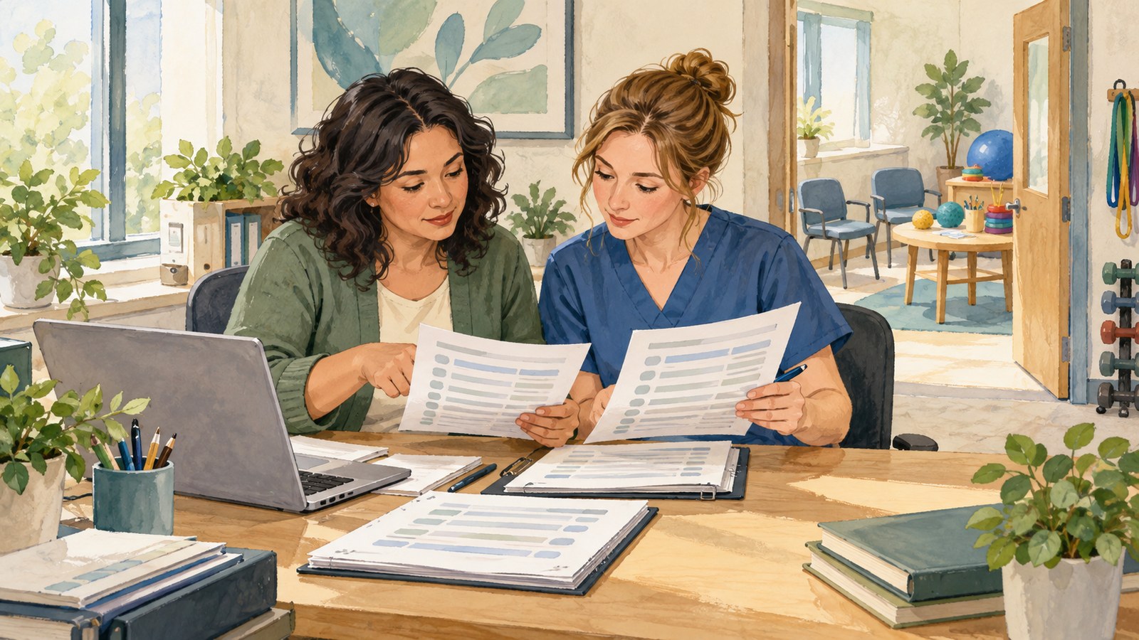 Editorial illustration of an occupational therapist and billing coordinator comparing authorization and claim paperwork at a rehabilitation office desk