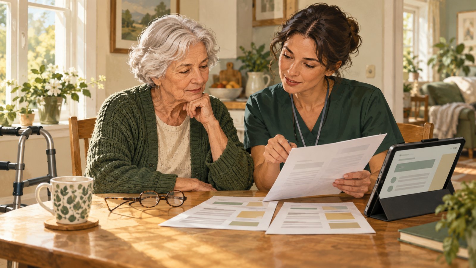 Editorial illustration of an older adult reviewing coverage paperwork with an occupational therapist at a kitchen table
