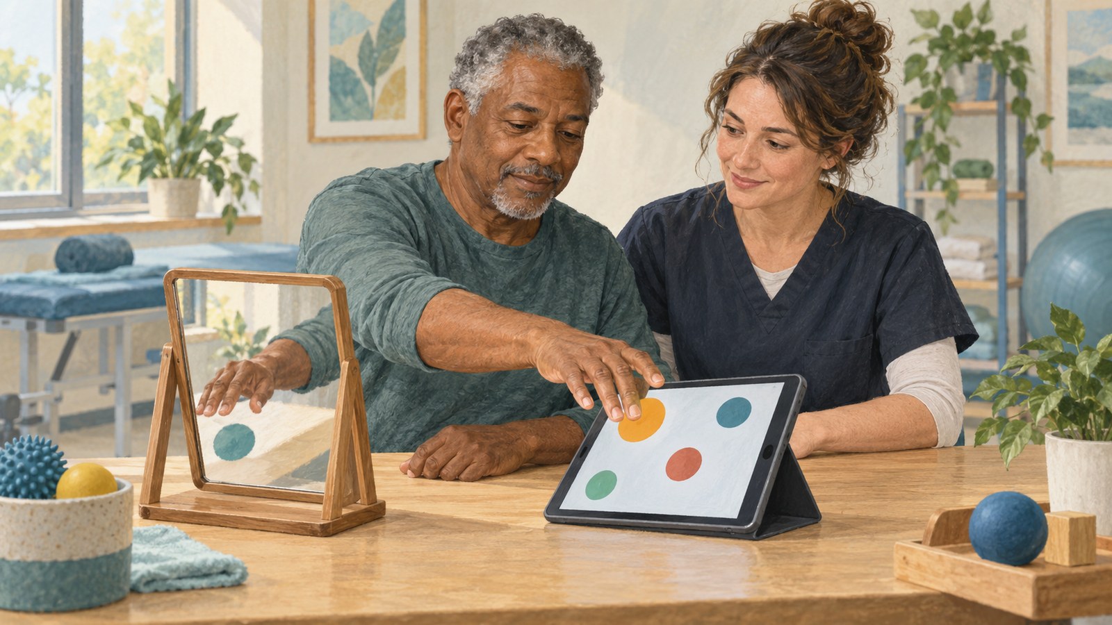 Editorial illustration of an adult and occupational therapist at a clinic table with a mirror and tablet