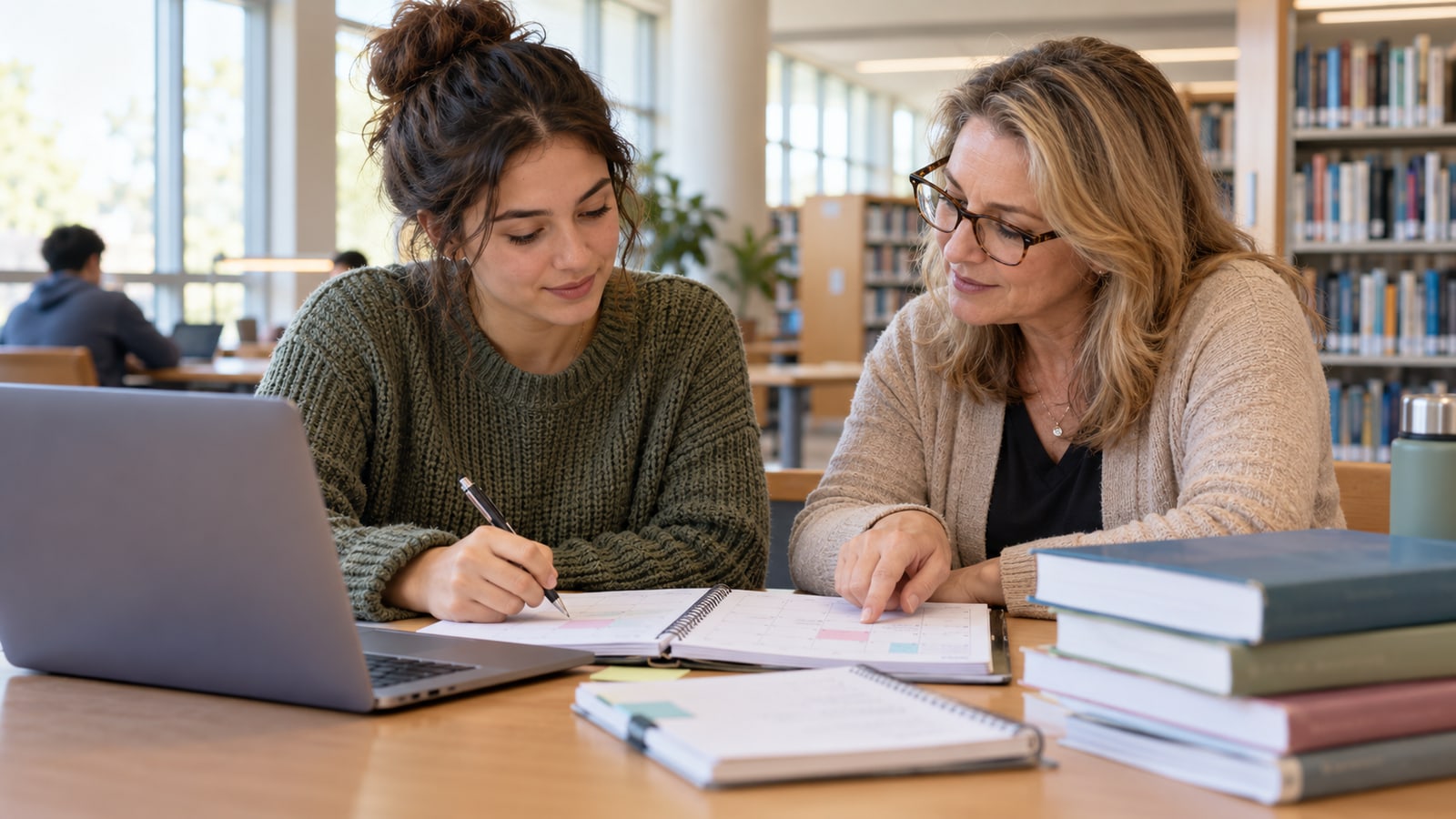 An occupational therapy graduate and academic adviser review a study calendar together at a library table