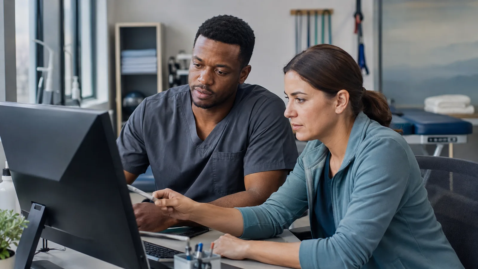 Two occupational therapy professionals review an electronic record together in an outpatient rehabilitation clinic