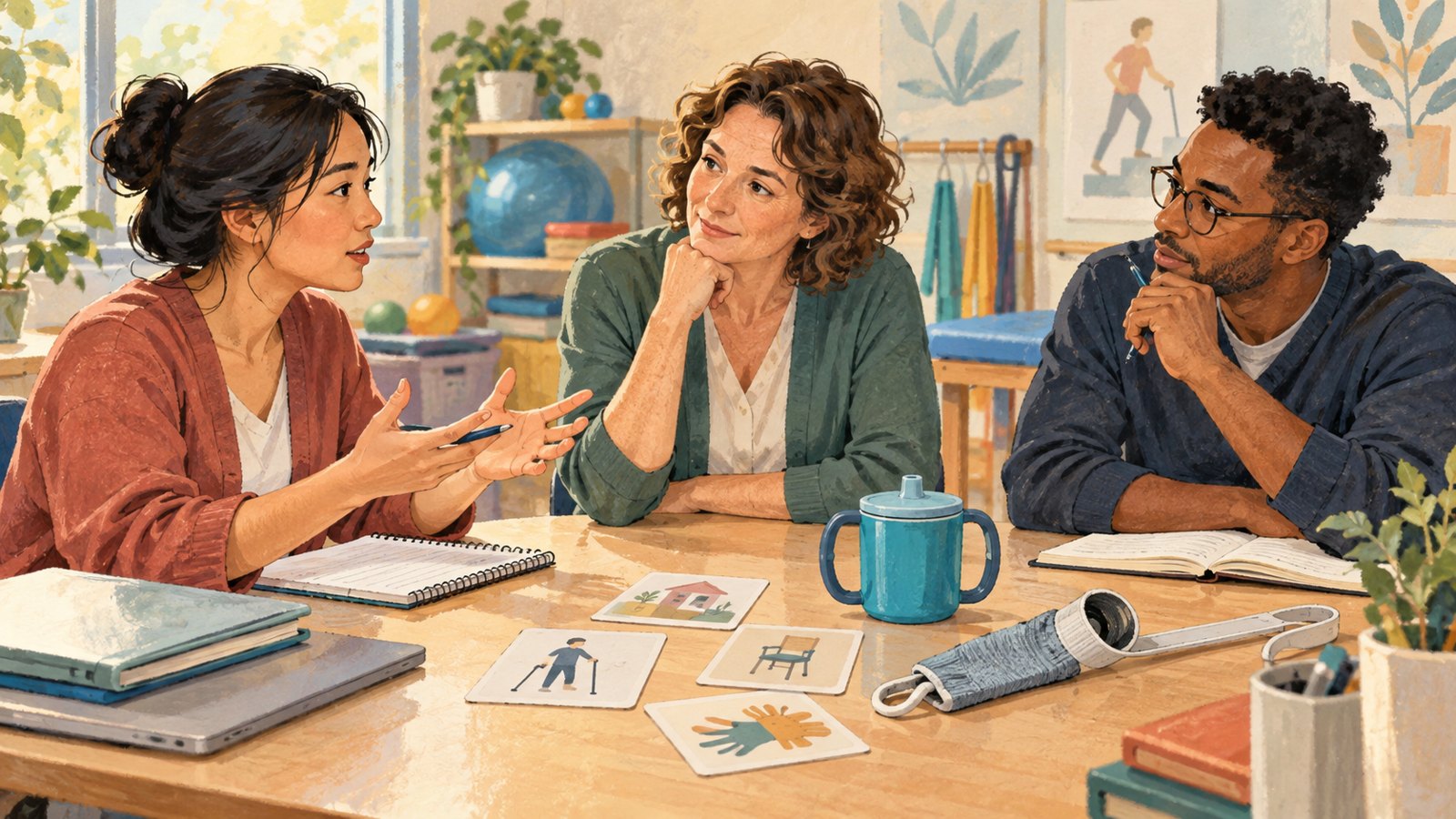 Editorial illustration of an occupational therapy educator listening to students discuss a rehabilitation case around a table