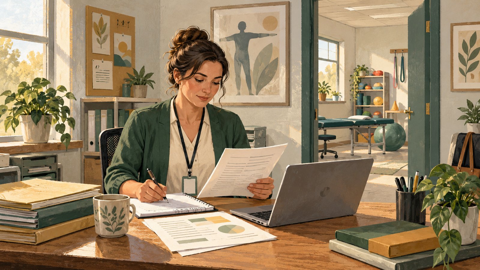 Editorial illustration of an occupational therapist reviewing paperwork and a laptop at a clinic desk