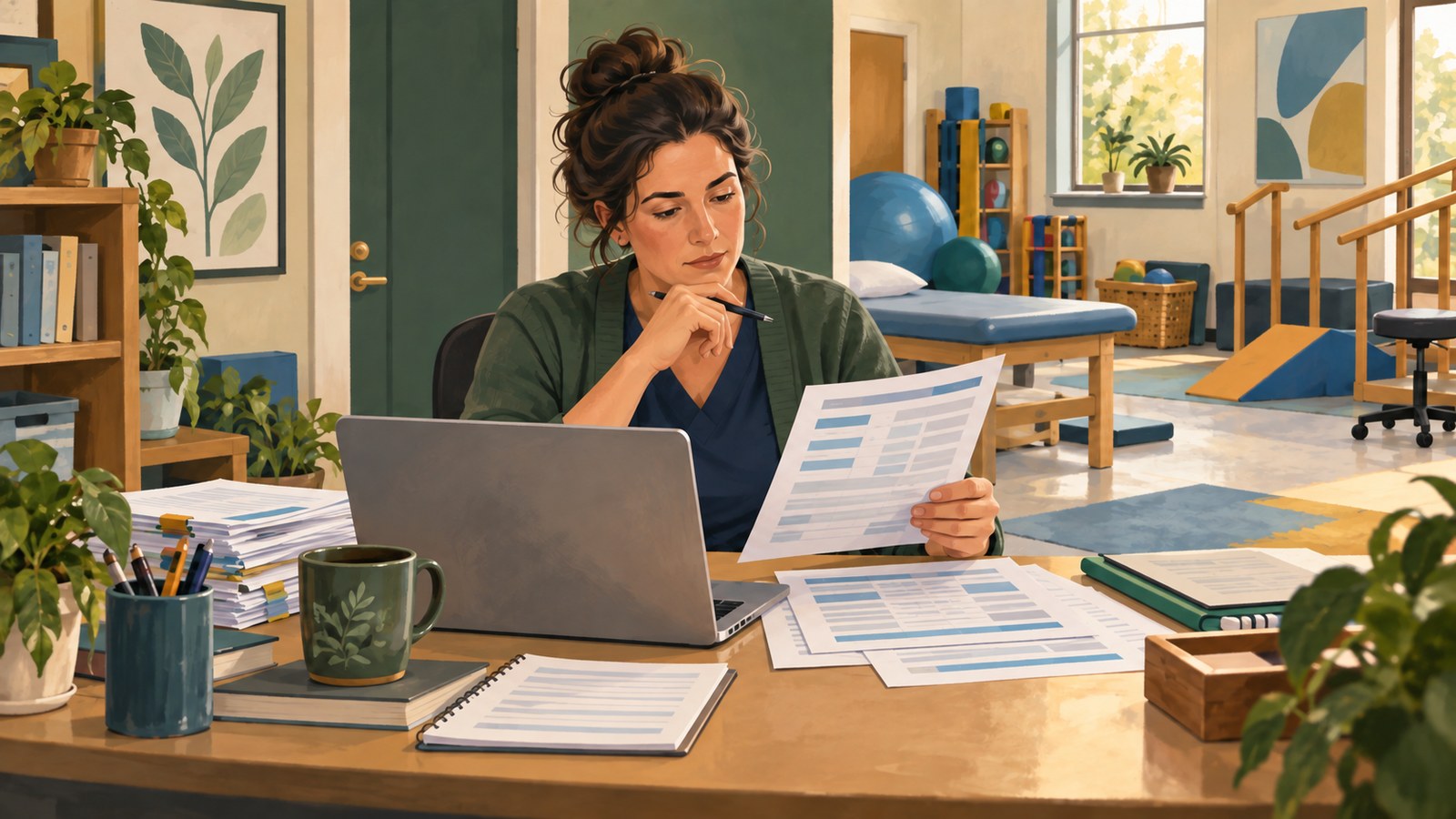 Editorial illustration of a clinic owner comparing paperwork at a desk beside a therapy treatment room