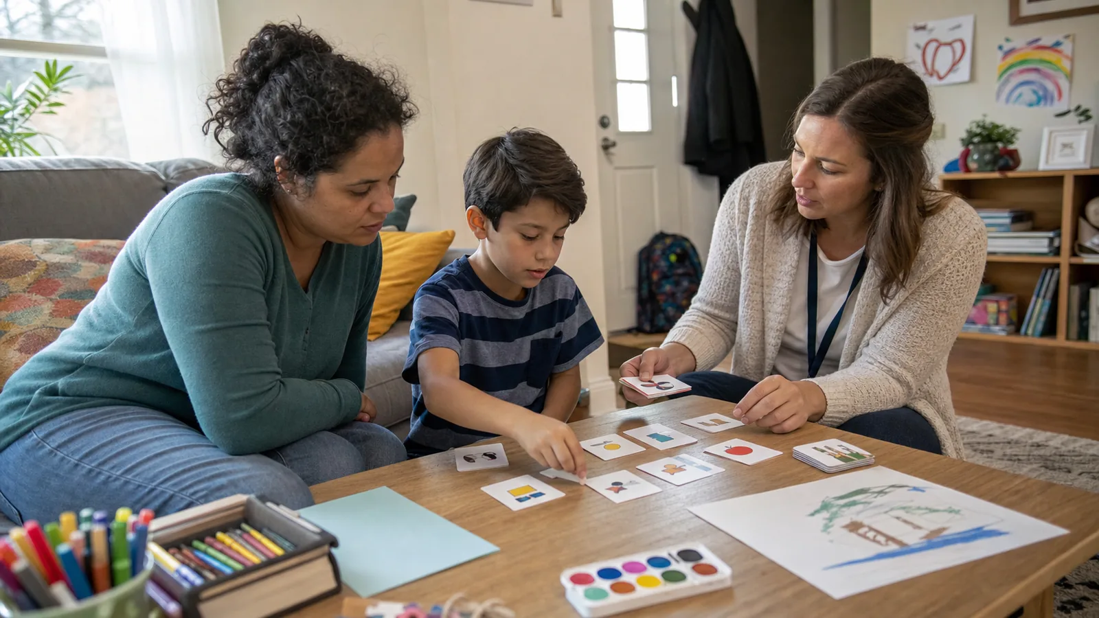 Child, caregiver, and occupational therapist arranging visual routine cards together during a home visit
