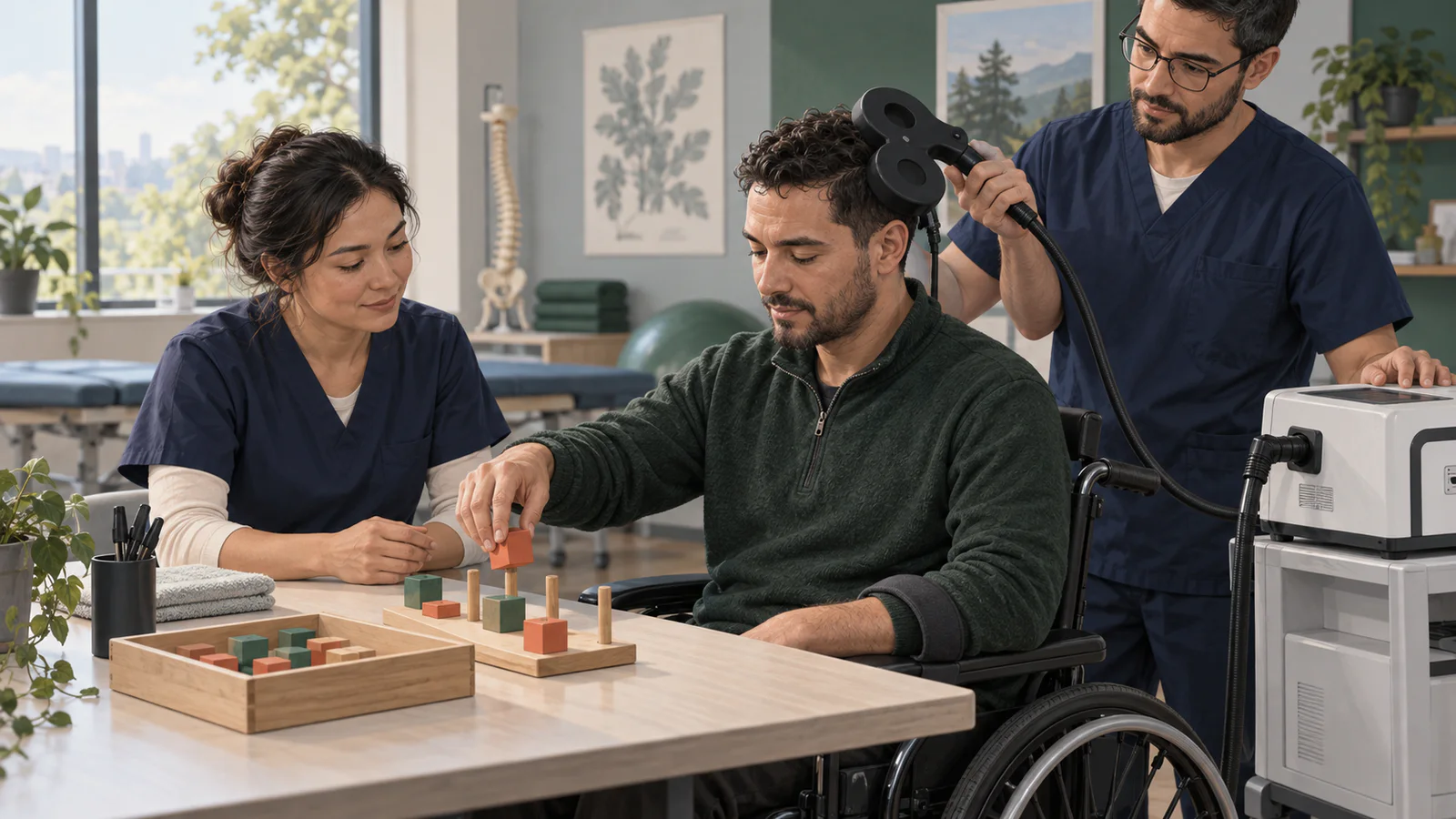 A person with a spinal cord injury practices a hand task with an occupational therapist while a clinician applies an rTMS coil