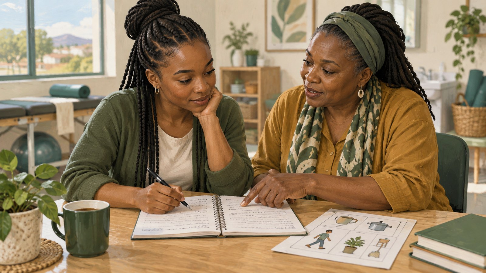 Editorial illustration of an early-career occupational therapist discussing a learning notebook with an experienced educator at a community clinic table