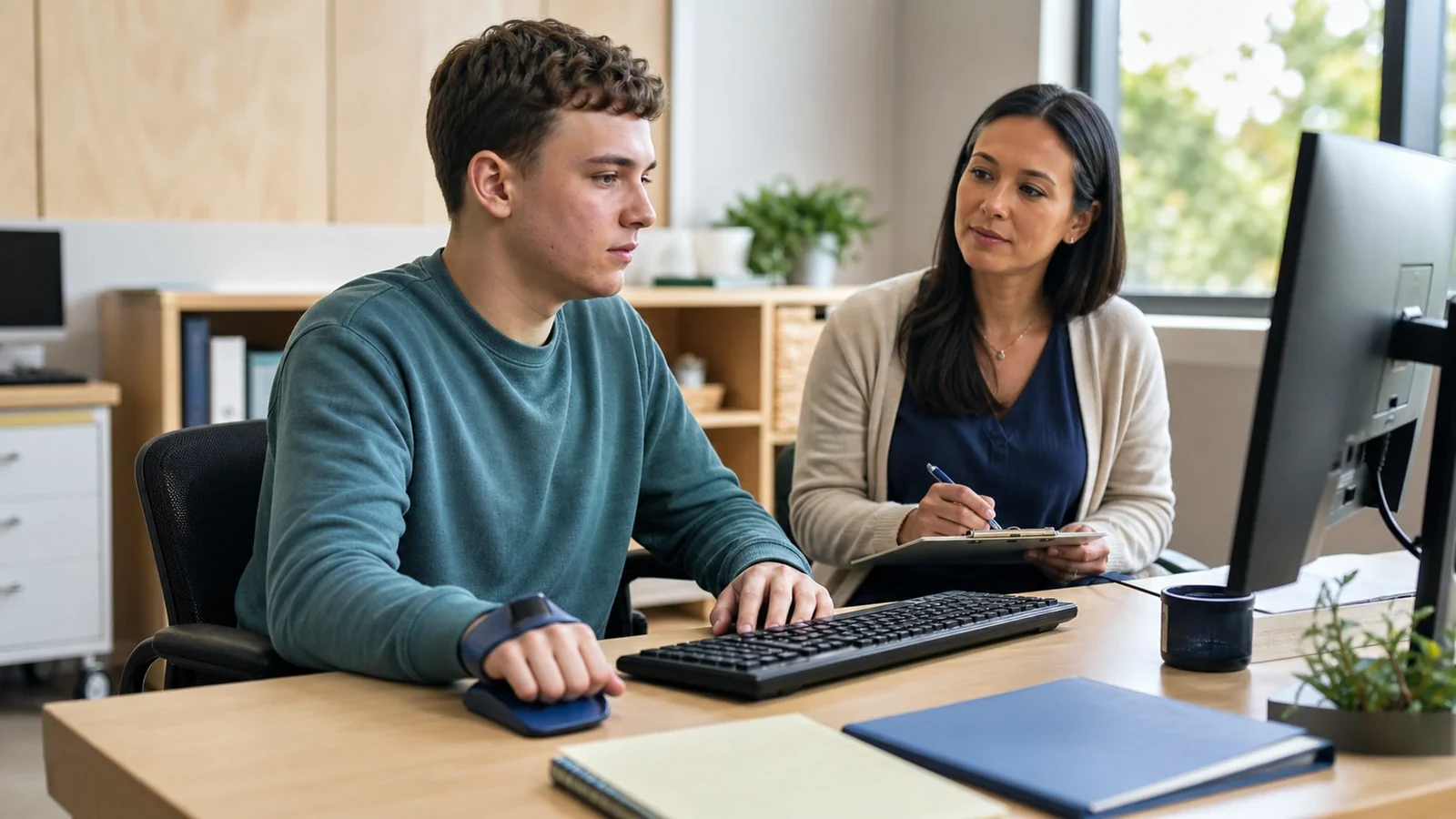 An occupational therapist observes a young adult completing a computer-based work task in a vocational rehabilitation setting