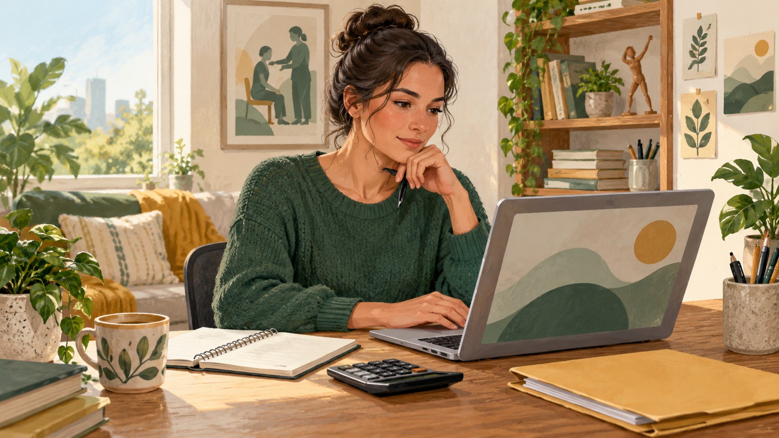 Editorial illustration of an adult reviewing loan paperwork beside a laptop and calculator at a home desk