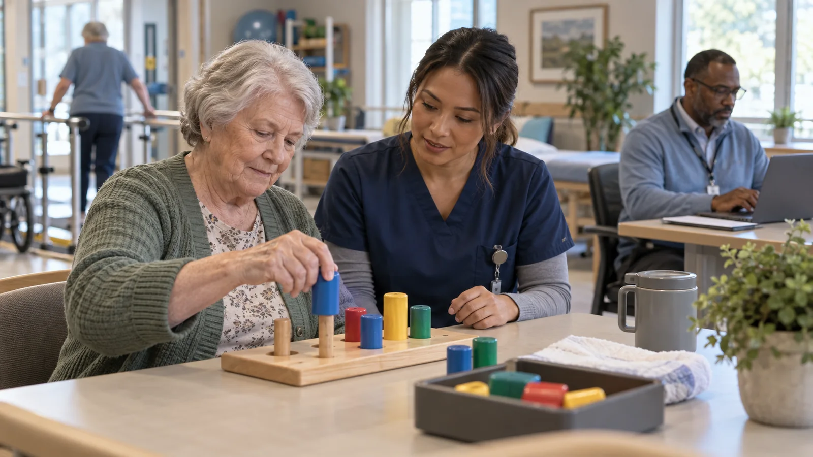 An occupational therapist works with an older nursing-facility resident while a rehabilitation director reviews operations on a laptop
