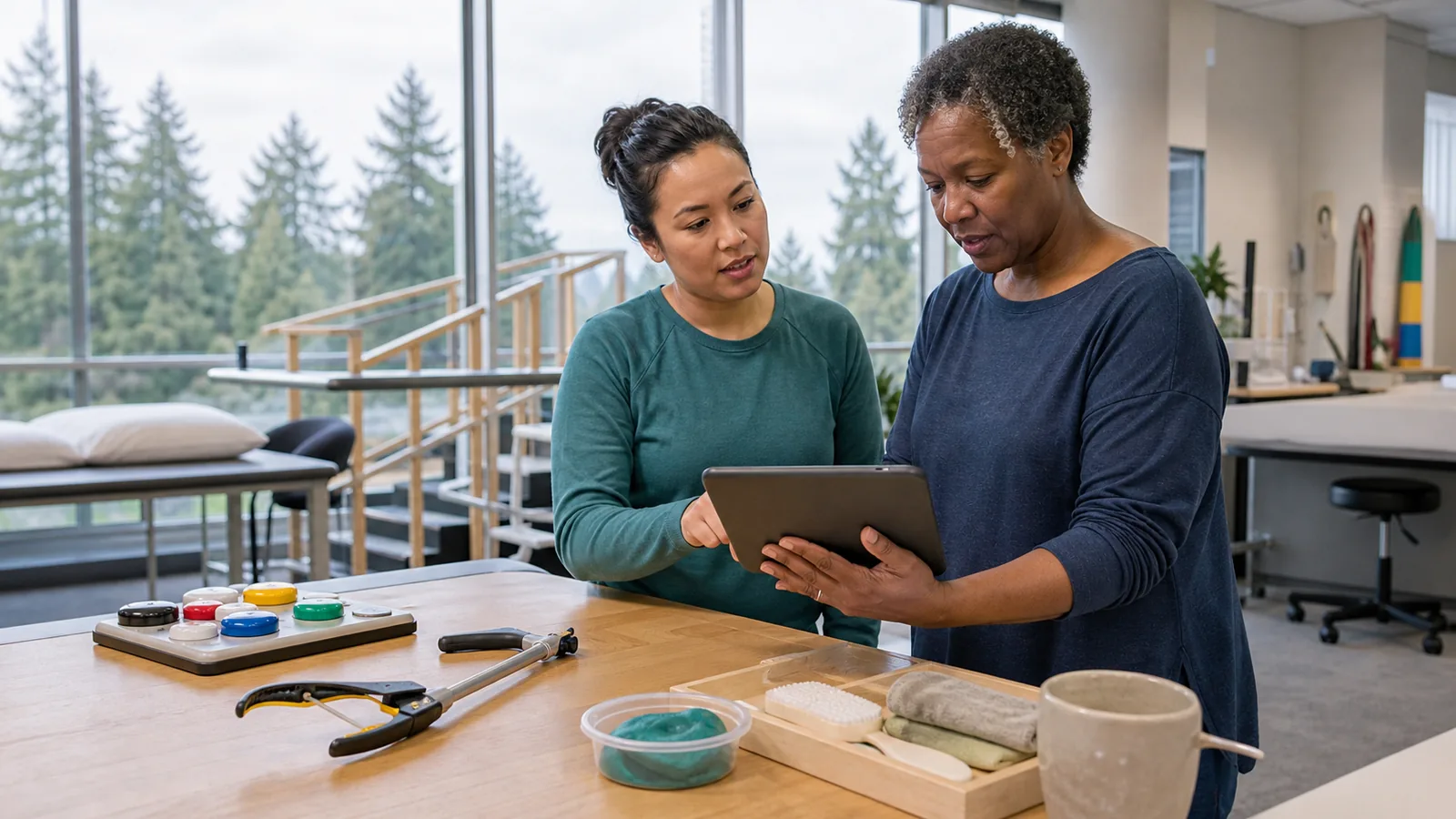 Two occupational therapy professionals review a tablet together beside adaptive equipment in an outpatient rehabilitation clinic